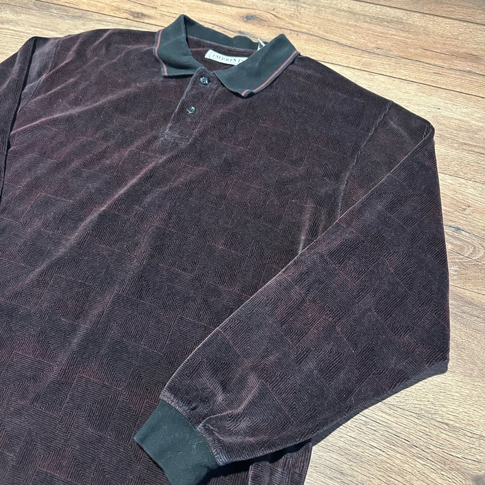 Vintage Imprints Burgundy Velour Long Sleeve Polo Shirt Mens Large Geometric
